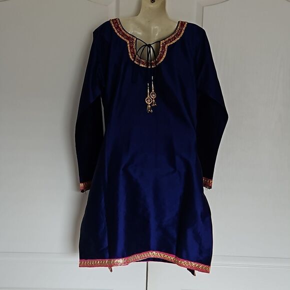Indian Ladies Straight Kurta Dress With Long Sleeves Size Medium/Small Royal Blu - Picture 3 of 16